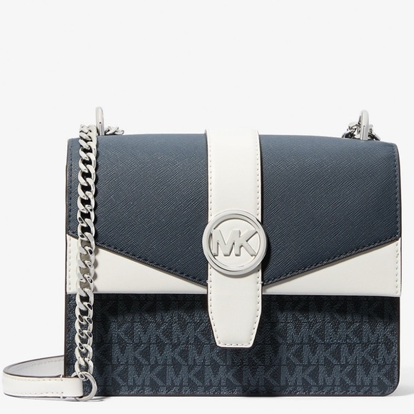 Michael Kors Greenwich Small Color-Block Signature Crossbody Bag Admiral Blue - Picture 1 of 9
